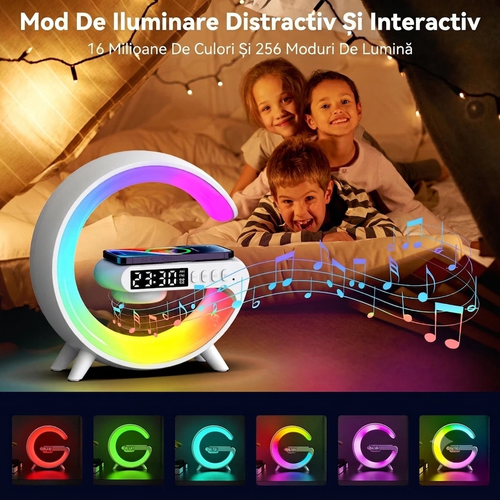 Lampă LED 5 în 1 cu Încărcare Wireless, Boxă Bluetooth Stereo și Ceas Digital