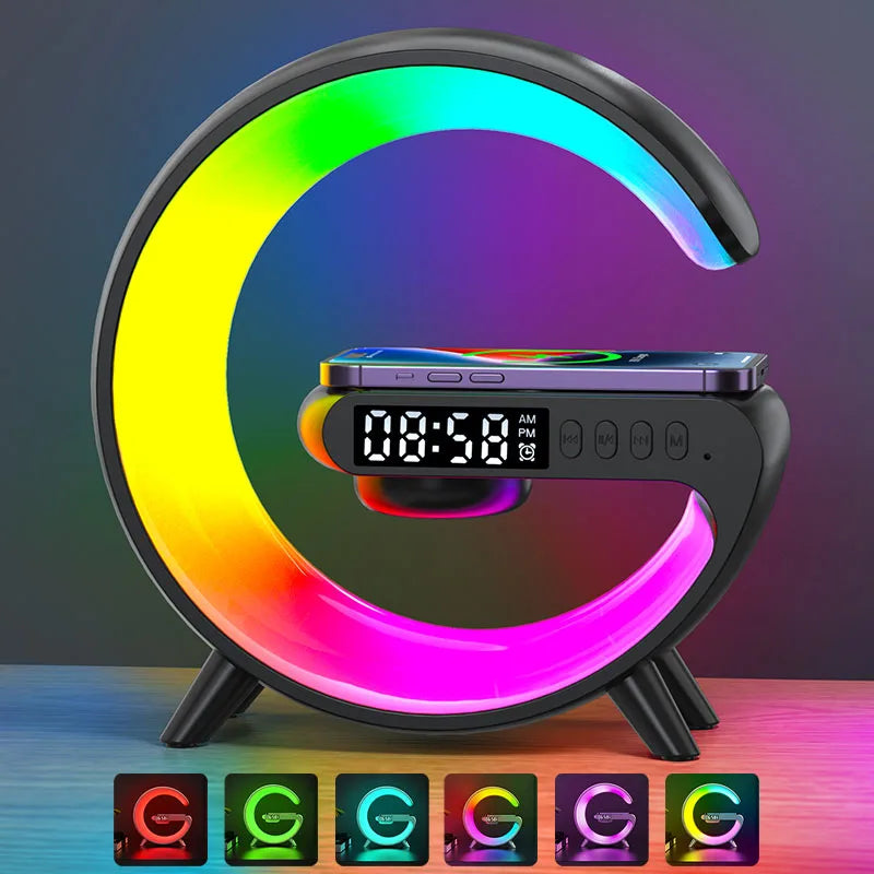 Lampă LED 5 în 1 cu Încărcare Wireless, Boxă Bluetooth Stereo și Ceas Digital