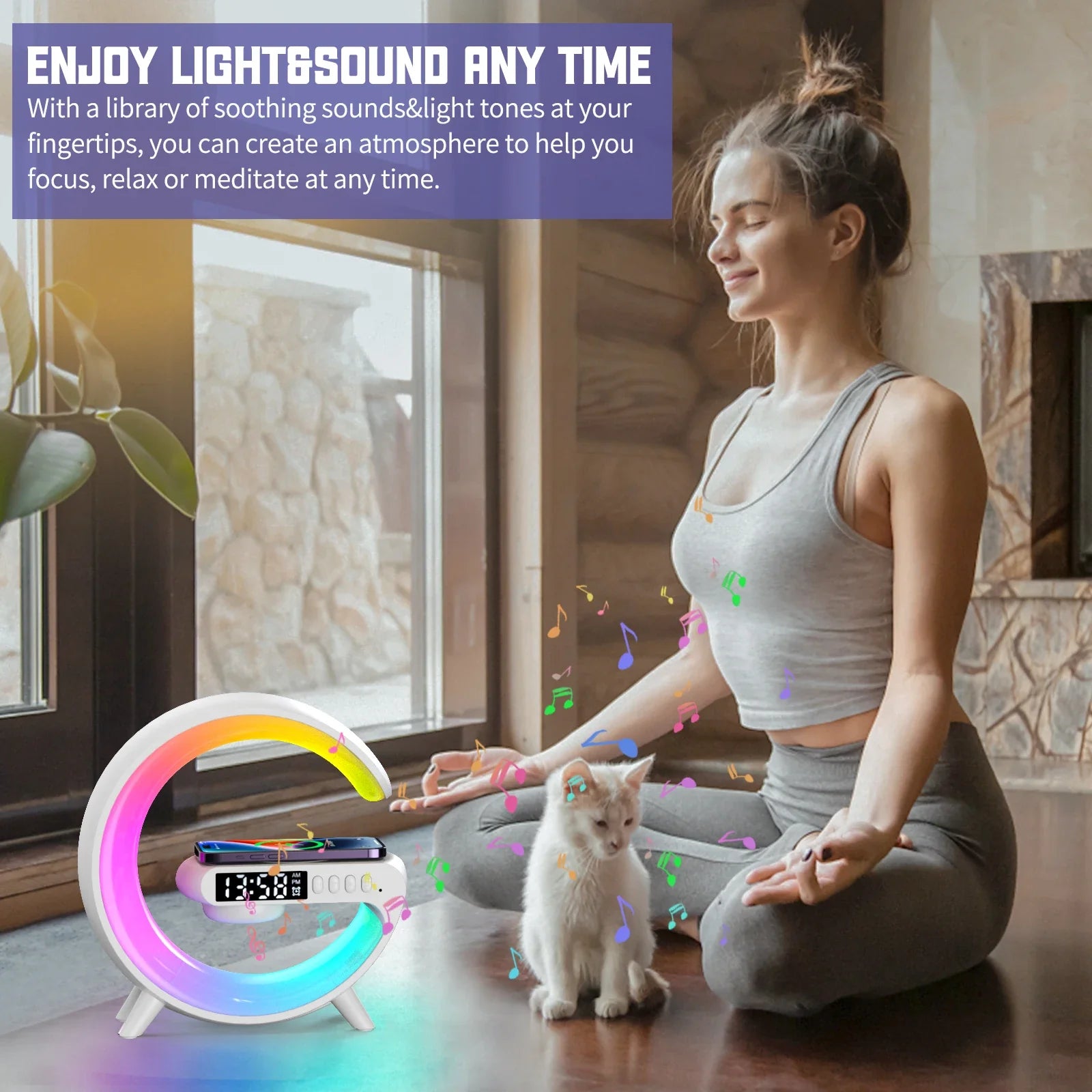 Lampă LED 5 în 1 cu Încărcare Wireless, Boxă Bluetooth Stereo și Ceas Digital